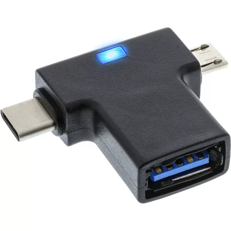 Adaptador en T OTG InLine USB 3.1/2.0, conector macho USB-C o Micro-USB a conector hembra A