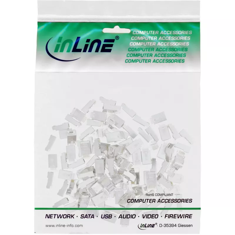 Conectores macho blindados InLine 8P8C RJ45 para cable redondo, pack de 100 uds.