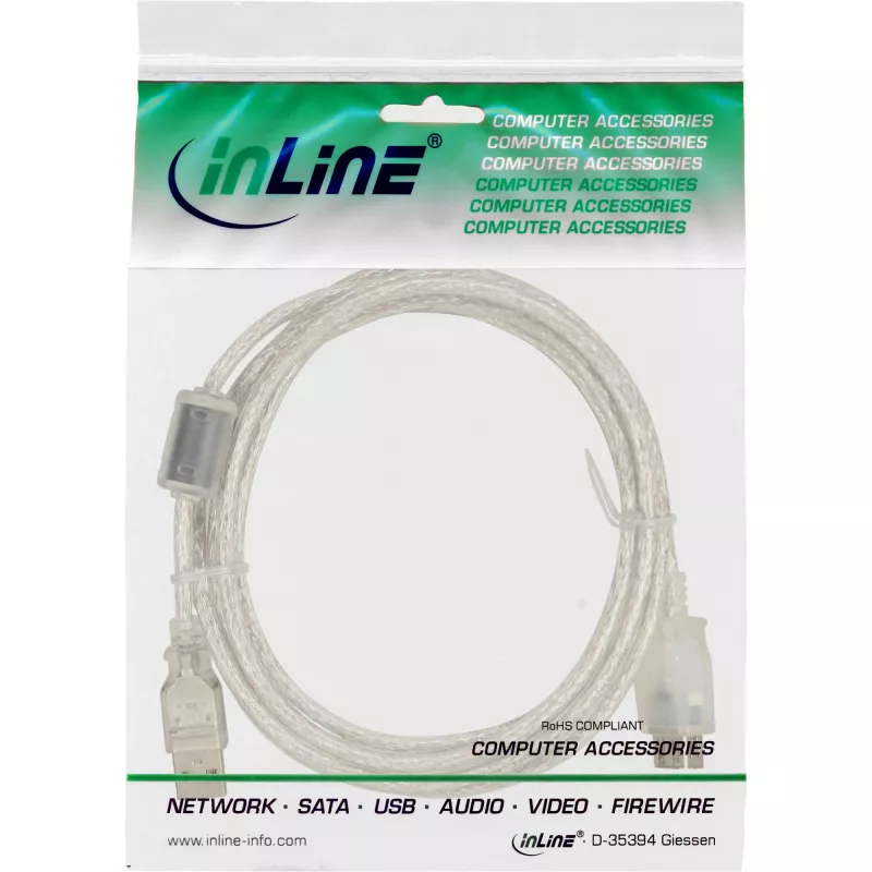 Cable de extensión USB 2.0 InLine Type-A conector macho/hembra, transparente, con ferrita, 5 m