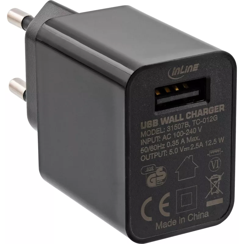 Adaptador de alimentación USB InLine Single, 100-240V a 5V/2,5A, negro