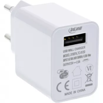 Fuente de alimentación USB InLine Single, 100-240V a 5V/2,5A, blanca