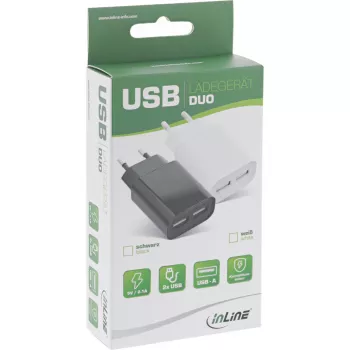 Fuente de alimentación USB InLine DUO, 2 puertos 100-240VAC a 5V / 2.1A blanca