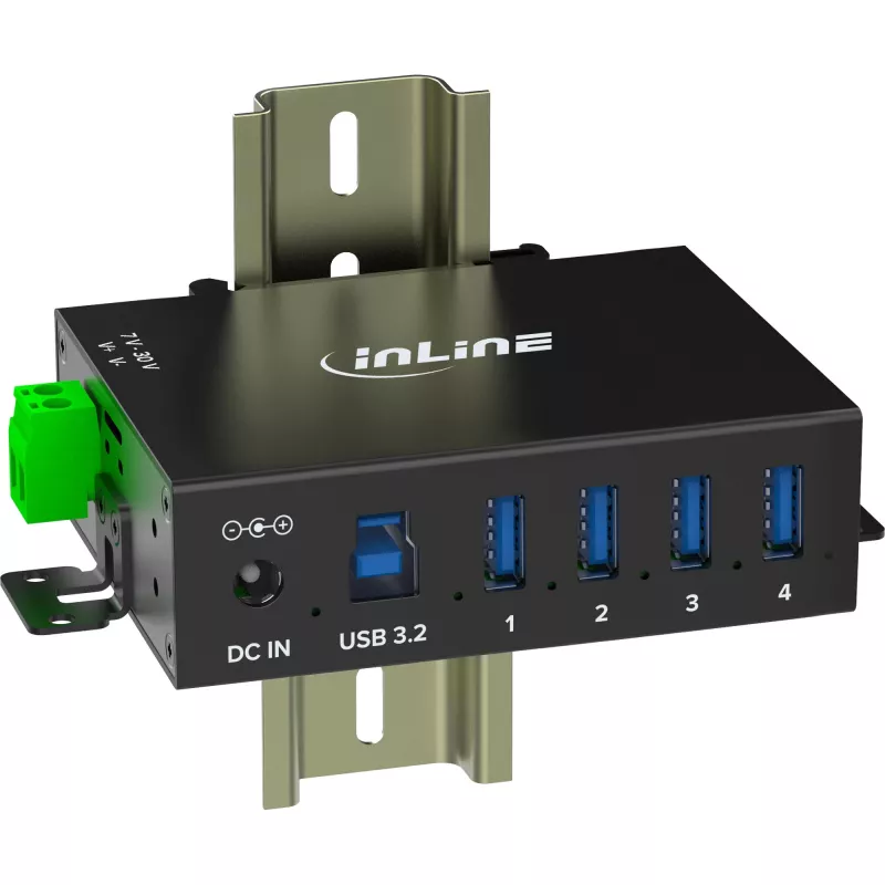 InLine 35396A hub USB 3.2 Gen 1 industrial, 4x USB-A, puerto host USB-B, 5 Gbit/s, carcasa de aluminio, negro, con fuente de alimentación