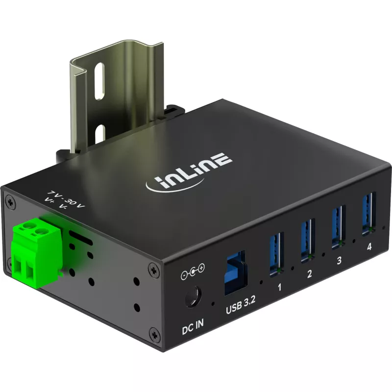 InLine 35396A hub USB 3.2 Gen 1 industrial, 4x USB-A, puerto host USB-B, 5 Gbit/s, carcasa de aluminio, negro, con fuente de alimentación