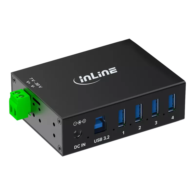 InLine 35396A hub USB 3.2 Gen 1 industrial, 4x USB-A, puerto host USB-B, 5 Gbit/s, carcasa de aluminio, negro, con fuente de alimentación