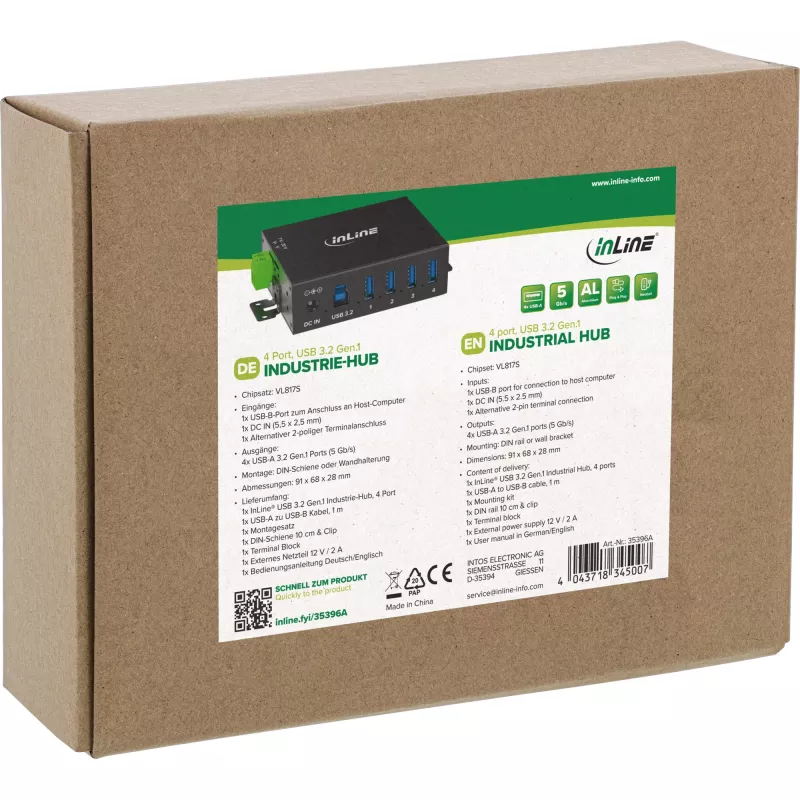 InLine 35396A hub USB 3.2 Gen 1 industrial, 4x USB-A, puerto host USB-B, 5 Gbit/s, carcasa de aluminio, negro, con fuente de alimentación