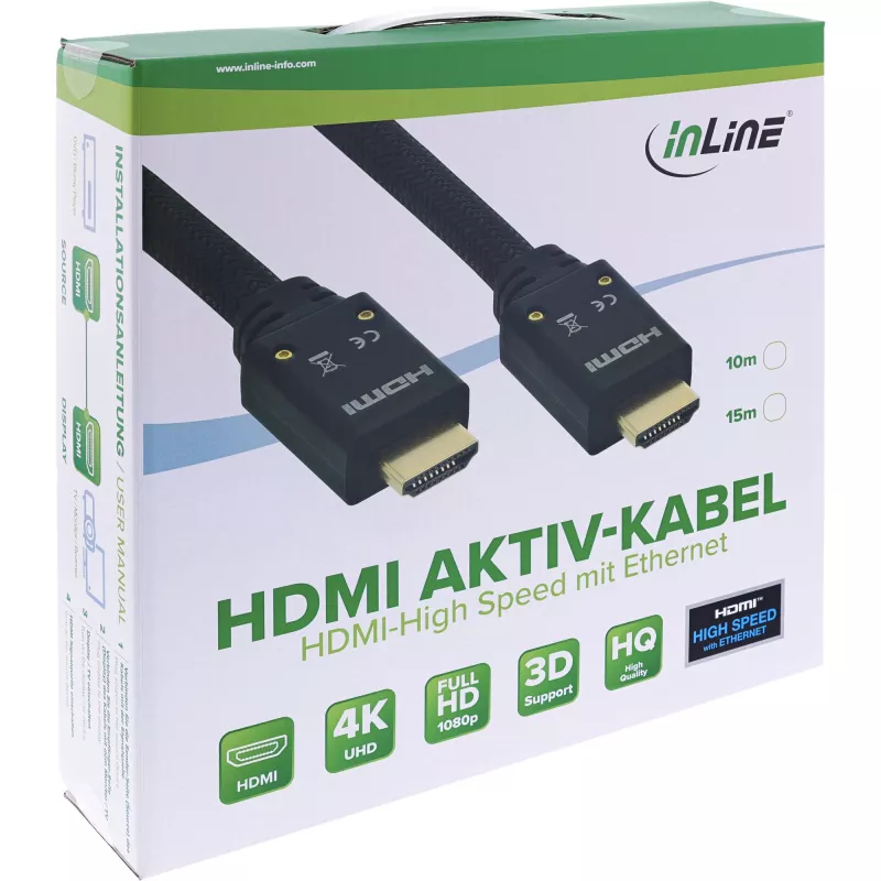 InLine cable HDMI activo, HDMI High Speed con Ethernet, M/M, trenza de nailon, 10 m