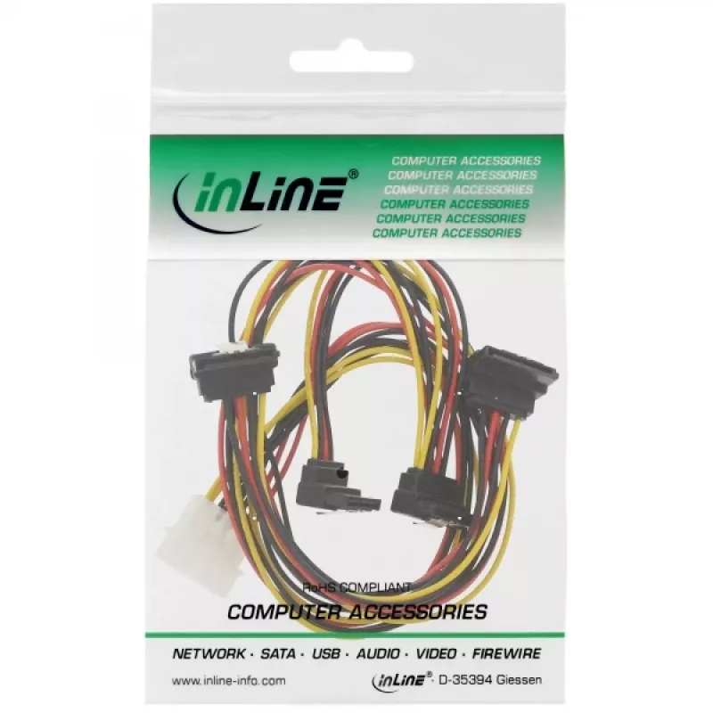 InLine cable de alimentación interno en Y 1x Molex / 4x SATA en ángulo con bloqueos 0,40+0,55 m