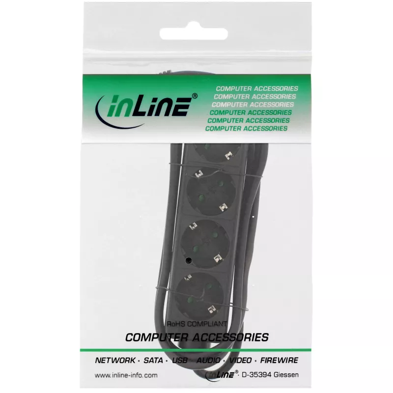 Regleta de enchufes InLine, 4 tomas schuko CEE 7/3, negra, 5m