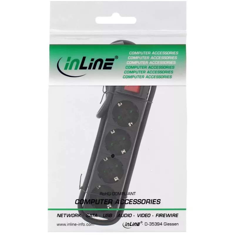 Regleta de enchufes InLine, 4 tomas schuko CEE 7/3, con interruptor, negra, 5 m
