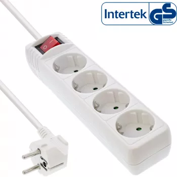 Regleta de enchufes InLine, 4 tomas schuko CEE 7/3, con interruptor, blanca, 5 m