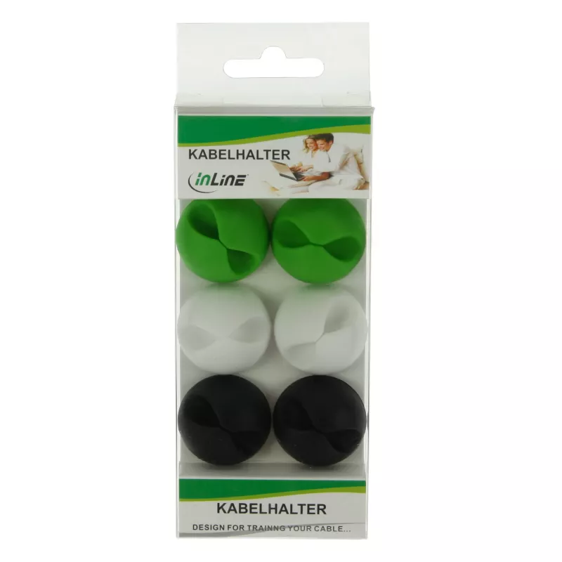 Pinza de goma para cables InLine 6 uds. — blanco, verde, negro — clips organizadores de cables