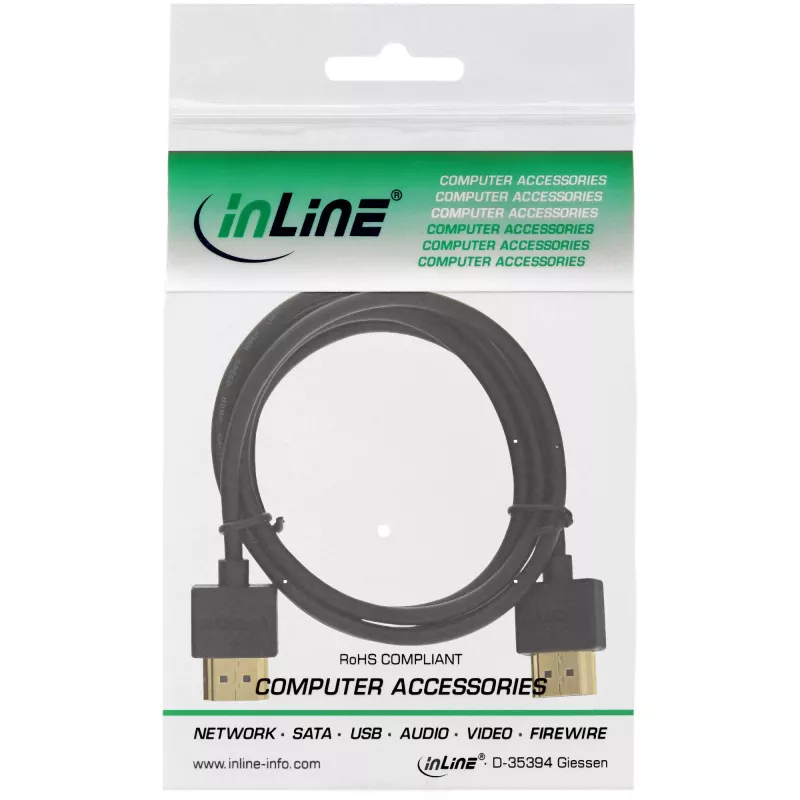 Cable HDMI High Speed con Ethernet InLine, AM/AM, extraplano, negro/dorado, 1 m