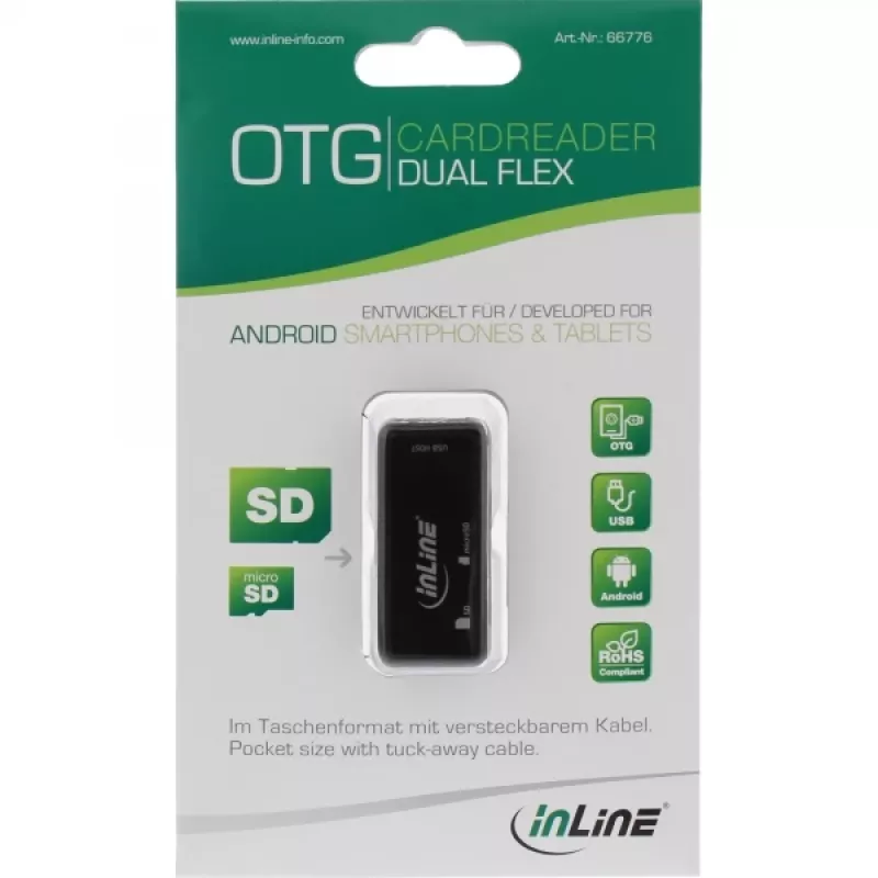 Lector de tarjetas OTG InLine Dual Flex para SD, microSD con puerto USB y 2 ranuras para tarjetas