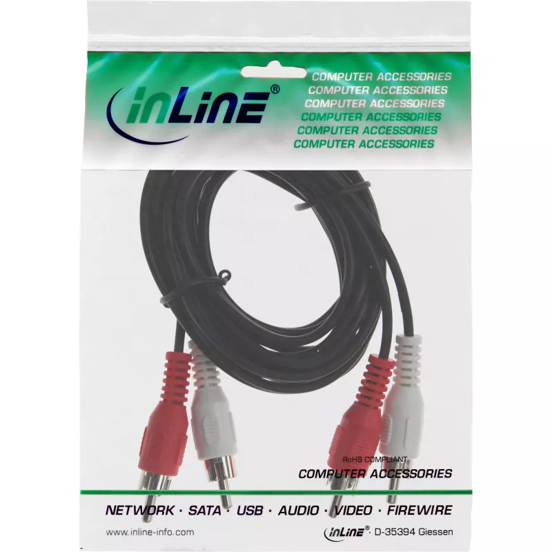 Cable de audio InLine, 2x RCA M/M 10 m, conector macho, 2 x RCA, conector macho, 10 m, negro