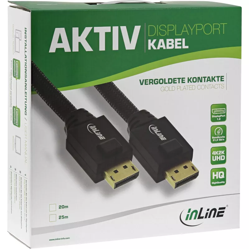Cable activo InLine DisplayPort, negro, contactos dorados, 25 m