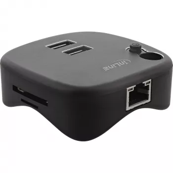 Multiadapter InLine USB 3.0, 2xUSB-A, RJ45, lector de tarjetas SD/MicroSD, negro