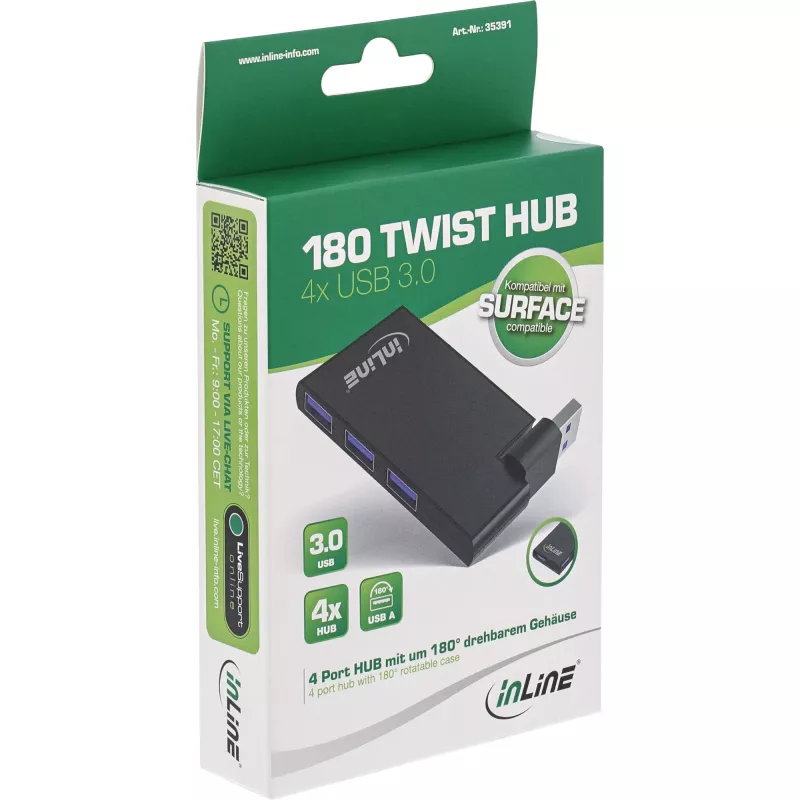 Hub InLine USB 3.0 giratorio, 4 puertos, negro
