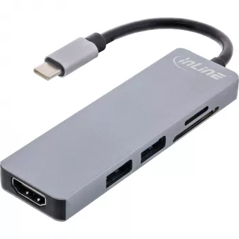 Multi-hub InLine USB 3.2 Gen.1, 2x USB-A, HDMI 4K/30Hz, lector de tarjetas, aluminio, gris