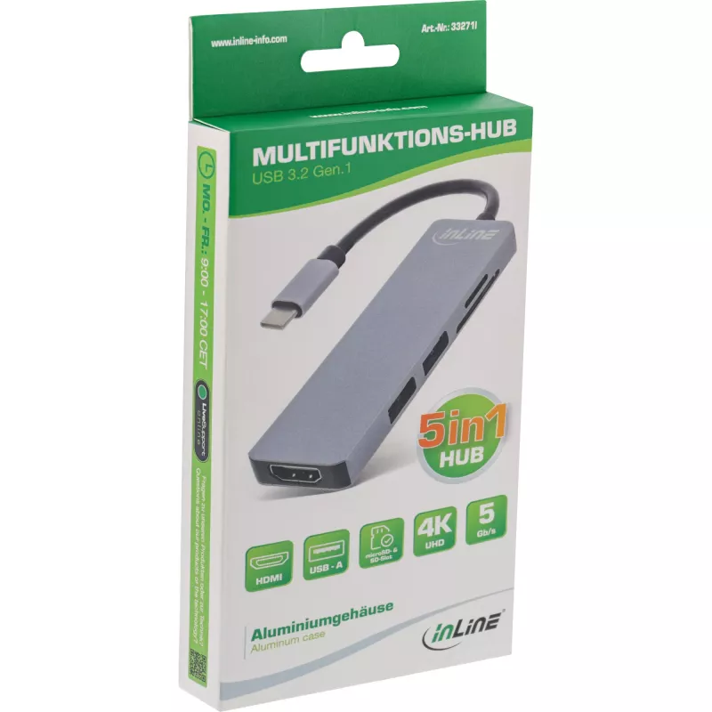 Multi-hub InLine USB 3.2 Gen.1, 2x USB-A, HDMI 4K/30Hz, lector de tarjetas, aluminio, gris