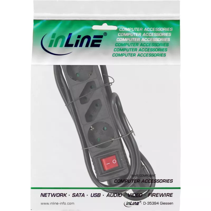 Regleta InLine, 4 tomas, 2x CEE7/3 + 2x Euro CEE 7/16, negra, 5 m