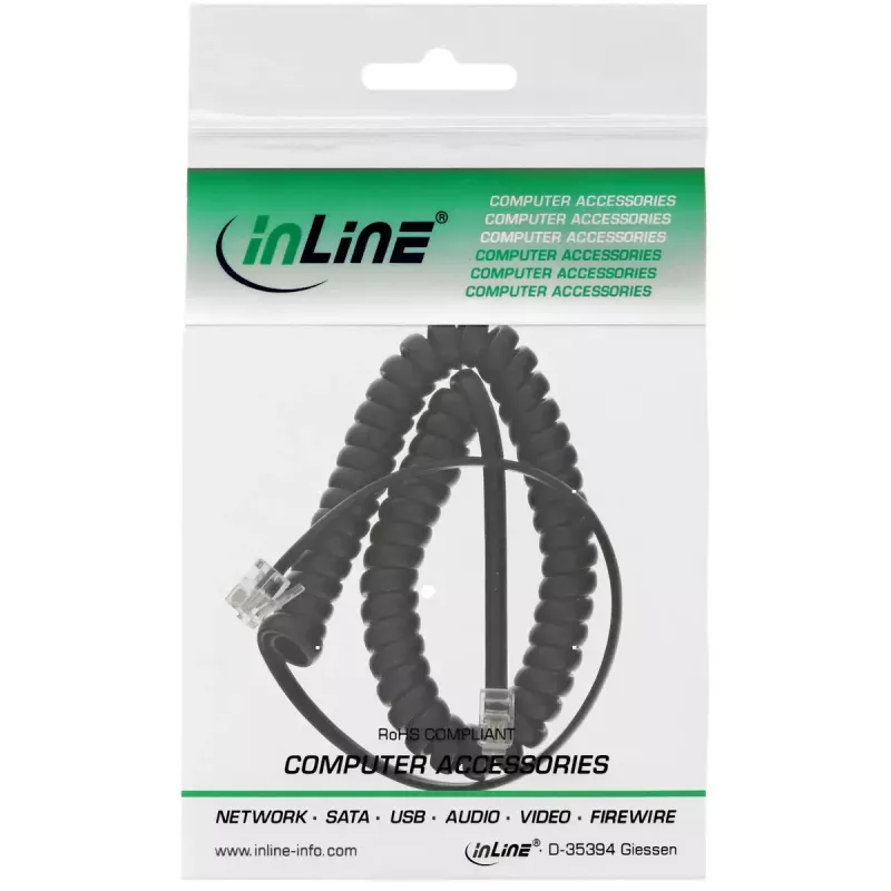 Cable espiral para auricular InLine, RJ10 4P4C M/M, negro, máx. 2 m