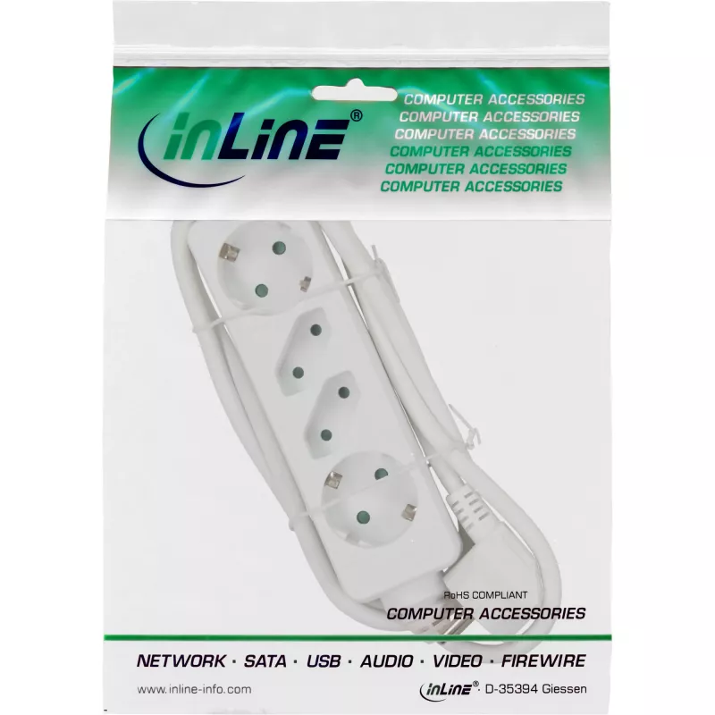 Regleta de enchufes InLine, 4 tomas, 2x CEE7/3 + 2x Euro CEE 7/16, blanca, 1,5 m