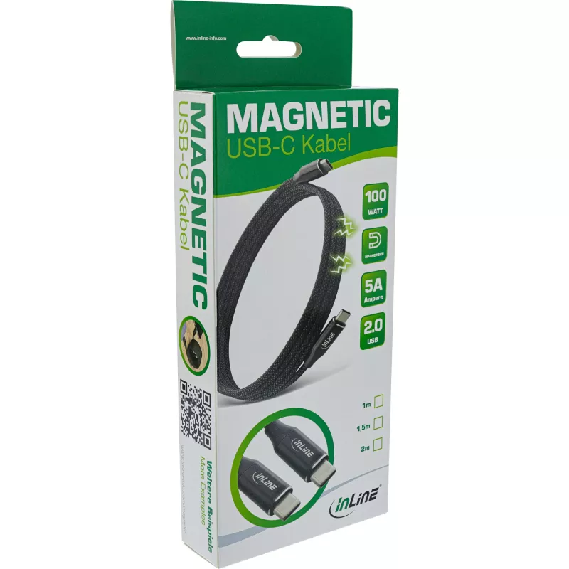 Cable USB-C magnético InLine, USB-C macho/macho, 100W, negro, 2m