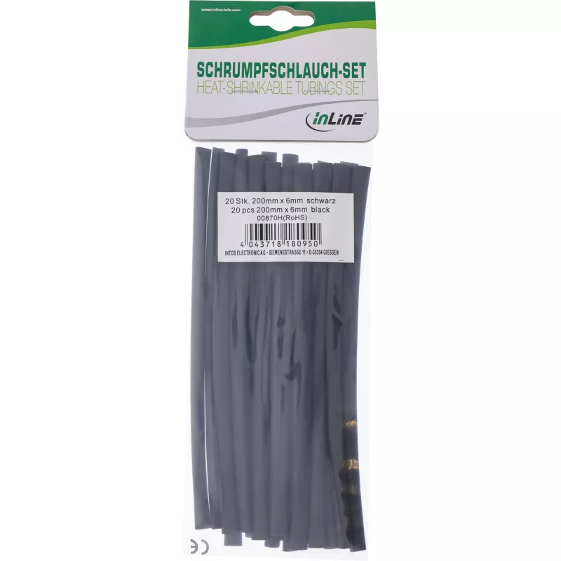 Tubo termorretráctil InLine 200 mm de longitud, 6 mm a 3 mm de diámetro, 20 uds., negro