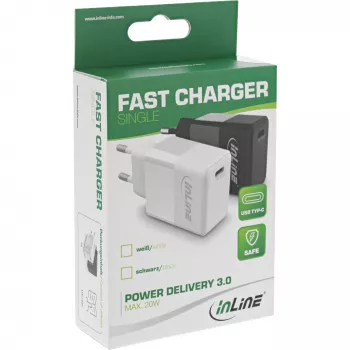 Cargador USB PD InLine un solo USB-C, Power Delivery, 20W, blanco
