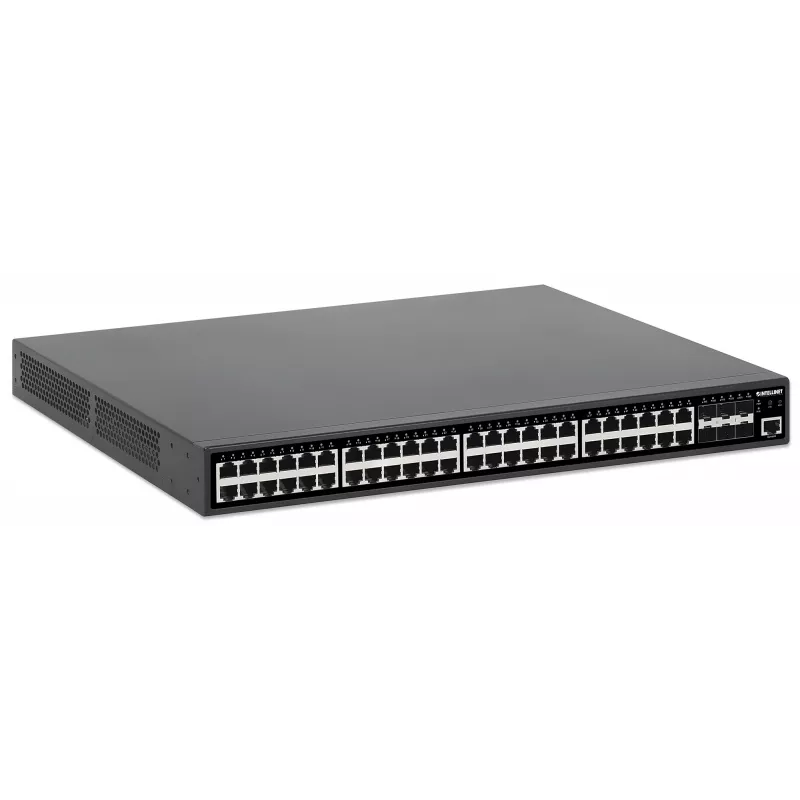 Switch gestionado Intellinet 48 puertos Gigabit Ethernet PoE+ Layer 2+ con seis uplinks 10G SFP+ conforme IEEE 802.3at/af (PoE+/PoE), presupuesto PoE de 450 W, Layer 2+/Layer 3 Lite, 6 x 10G SFP+ abiertos