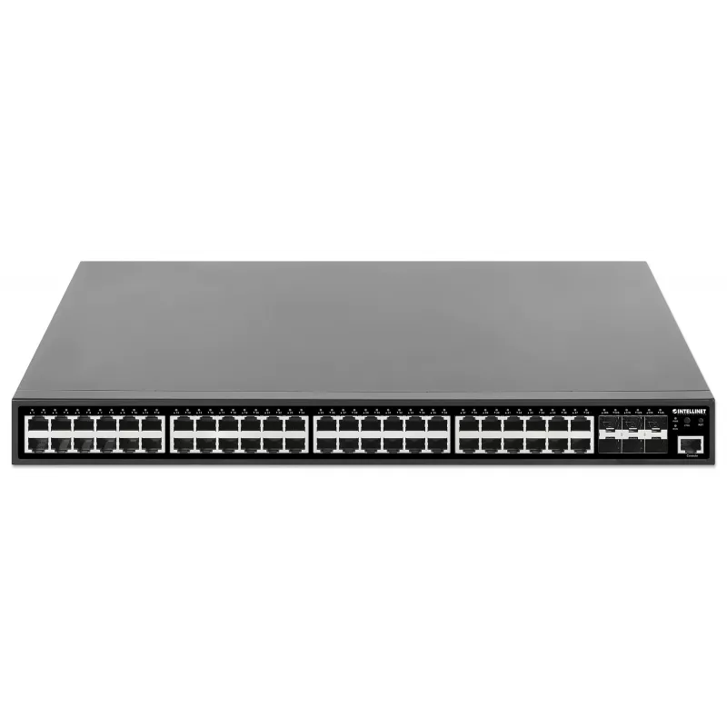 Switch gestionado Intellinet 48 puertos Gigabit Ethernet PoE+ Layer 2+ con seis uplinks 10G SFP+ conforme IEEE 802.3at/af (PoE+/PoE), presupuesto PoE de 450 W, Layer 2+/Layer 3 Lite, 6 x 10G SFP+ abiertos