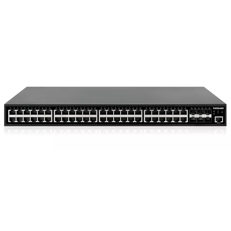 Switch gestionado Intellinet 48 puertos Gigabit Ethernet PoE+ Layer 2+ con seis uplinks 10G SFP+ conforme IEEE 802.3at/af (PoE+/PoE), presupuesto PoE de 450 W, Layer 2+/Layer 3 Lite, 6 x 10G SFP+ abiertos