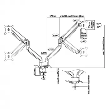 Soporte de escritorio InLine con mecanismo de elevación y USB/audio, 2 monitores hasta 81 cm (32 pulgadas), negro