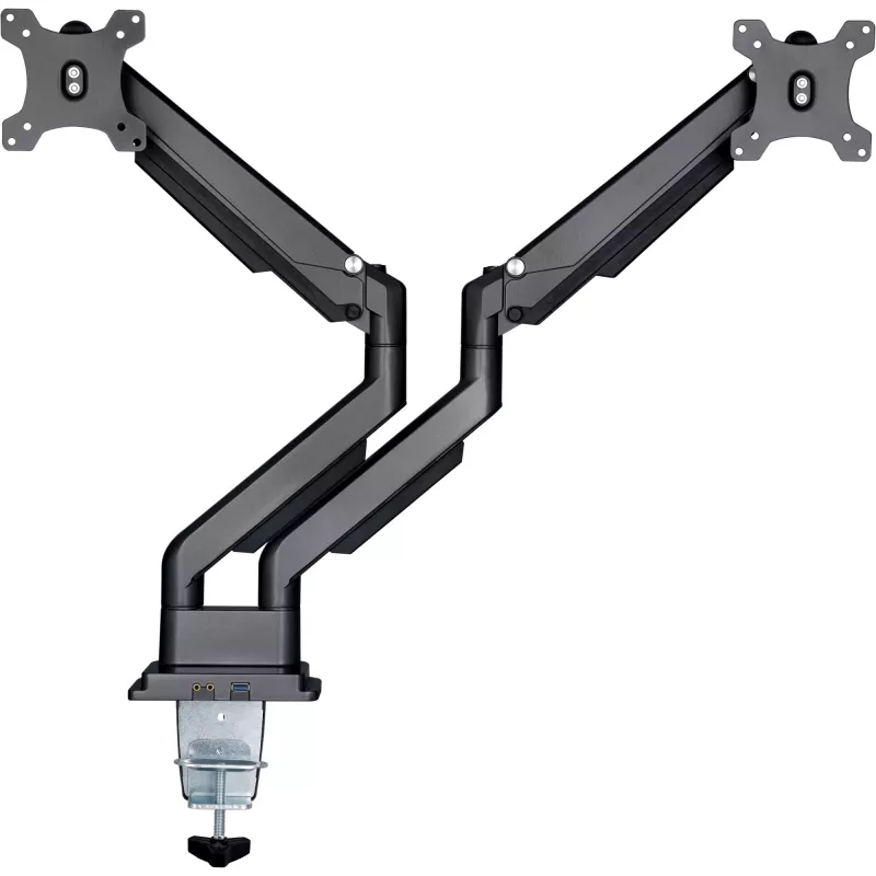 Soporte de escritorio InLine con mecanismo de elevación y USB/audio, 2 monitores hasta 81 cm (32 pulgadas), negro