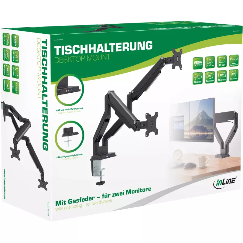 Soporte de escritorio InLine con mecanismo de elevación y USB/audio, 2 monitores hasta 81 cm (32 pulgadas), negro