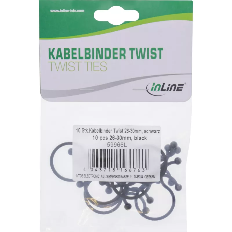 Bridas Twist InLine 26–30 mm negro, 10 uds. — Organizador de cables/cordones, 30 mm de longitud