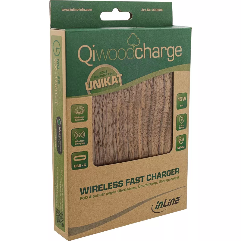 InLine Qi woodcharge, cargador rápido inalámbrico, 5/7,5/10W/15W, USB-C, sin logo