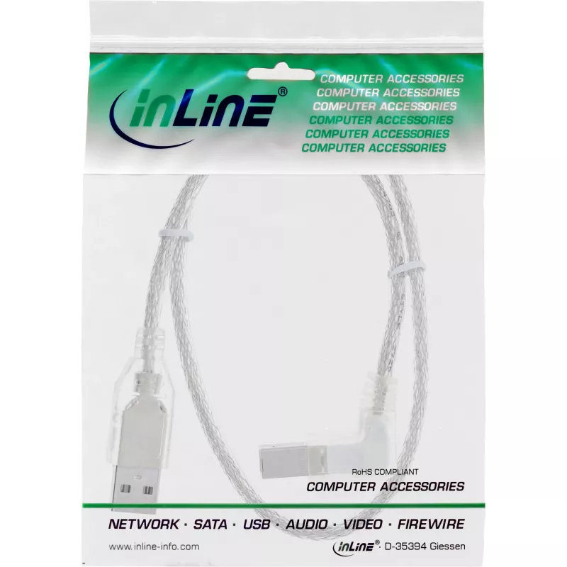 Cable USB 2.0 InLine en ángulo recto conector macho Tipo A / conector macho B transparente 3 m