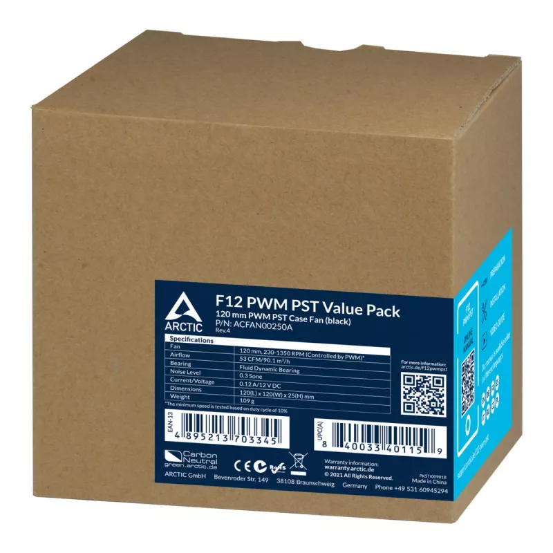 ARCTIC F12 PWM PST - ventilador de caja PWM 120 mm, ventilador, 12 cm, 230 rpm, 1350 rpm, 0,3 sone, 90,1 m³/h