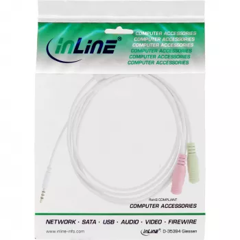 Cable adaptador de audio para headset InLine jack 3,5 mm macho 4 polos / 2x 3,5 mm, blanco, 1 m