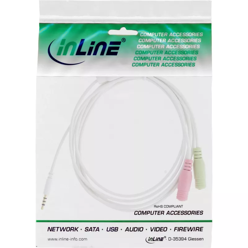 Cable adaptador de audio para headset InLine jack 3,5 mm macho 4 polos / 2x 3,5 mm, blanco, 1 m