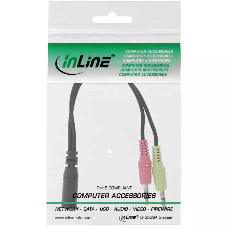Cable adaptador para auriculares InLine Audio, 2 conectores macho de 3,5 mm a conector hembra de 3,5 mm de 4 polos, OMTP, 0,15 m
