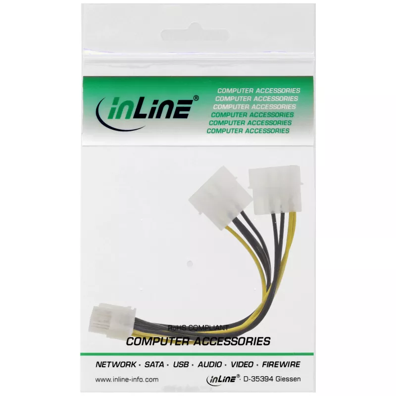 Cable adaptador de corriente InLine, 2 conectores macho de 5,25 pulgadas / conector macho PCI-Express de 8 pines, 0,15 m