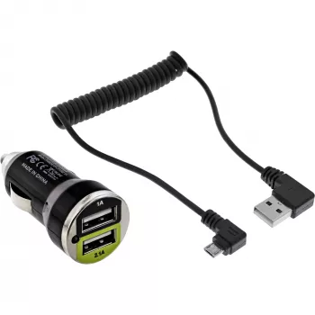 Set de carga para coche InLine USB DUAL+, fuente de alimentación con cable en espiral de 1 m