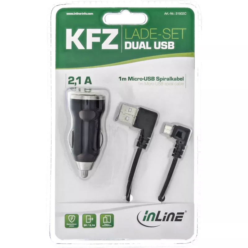 Set de carga para coche InLine USB DUAL+, fuente de alimentación con cable en espiral de 1 m