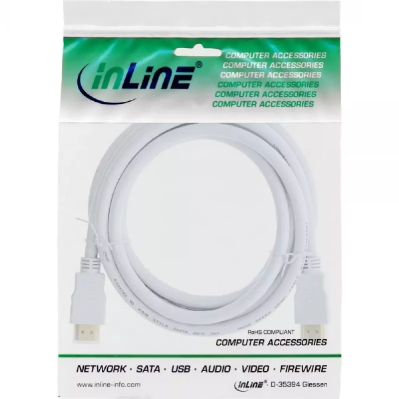 Cable HDMI High Speed con Ethernet InLine, M/M, blanco, contactos dorados, 2 m