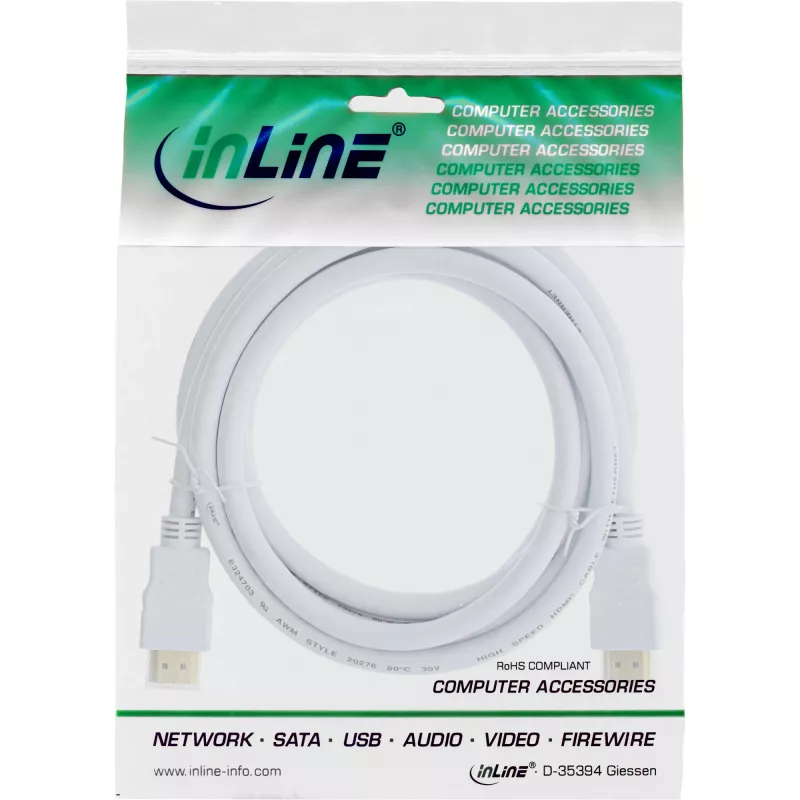 Cable HDMI High Speed con Ethernet InLine, M/M, blanco, contactos dorados, 1,5 m