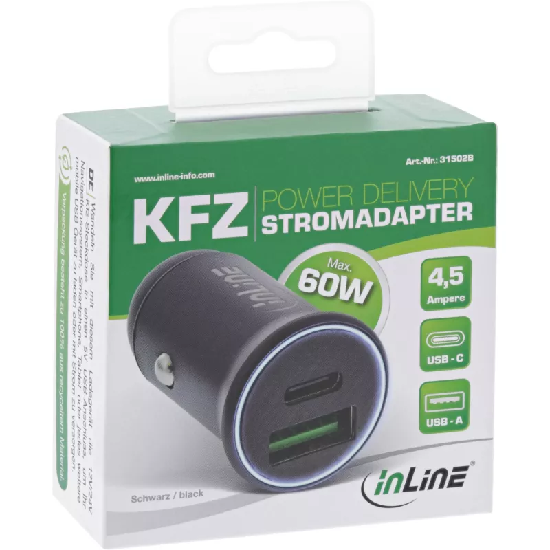 InLine Cargador de coche USB adaptador de corriente Power Delivery, USB-A + USB-C, negro