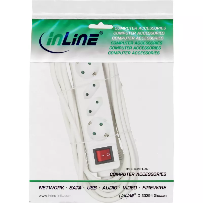 InLine Regleta de enchufes, 4 tomas, 2x CEE7/3 + 2x Euro CEE 7/16, blanca, 1,5 m
